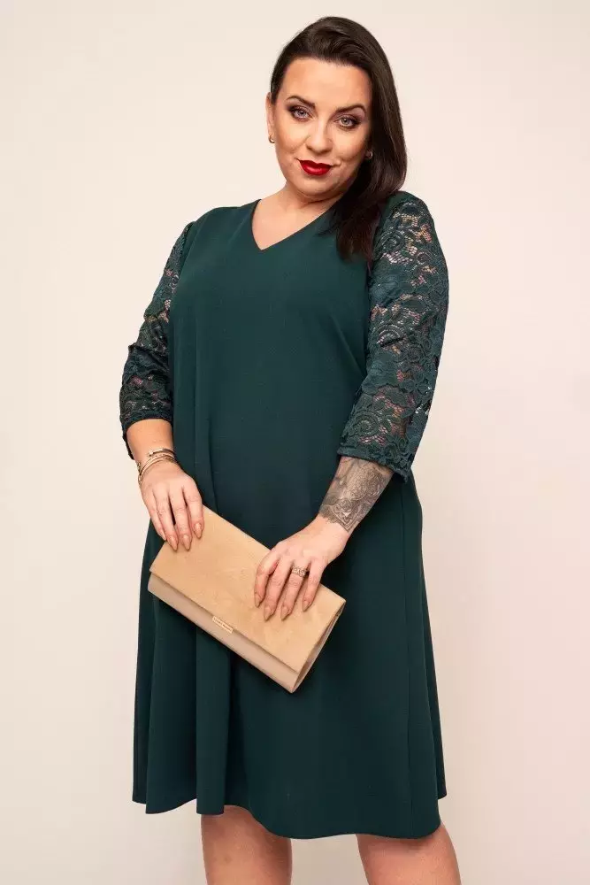 Green Dress with lace sleeves EVE