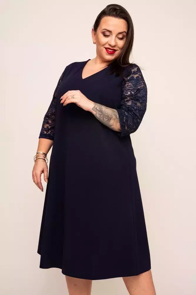 Navy blue Dress with lace sleeves EVE