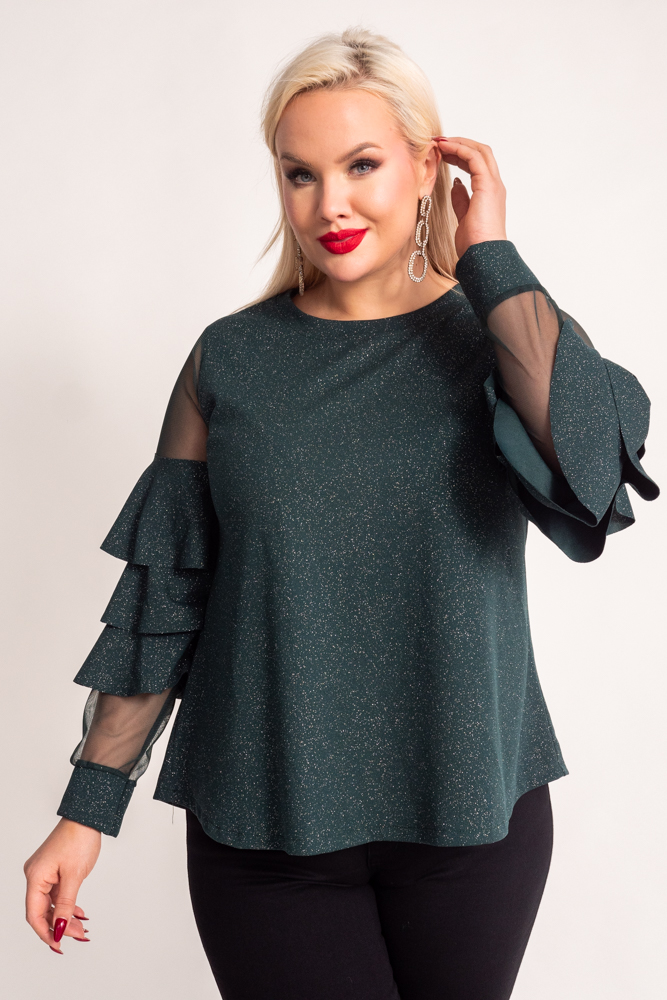 Bottle green Blouse with frills VELI