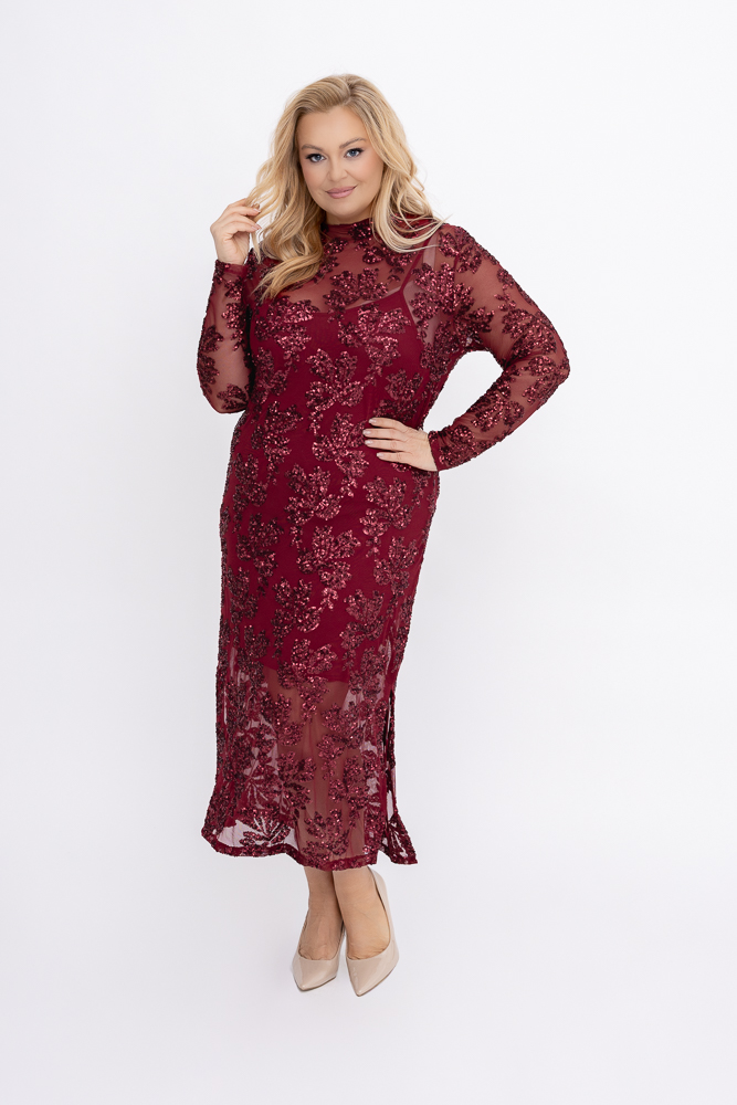 Bordowa Sukienka siateczkowa z cekinami
