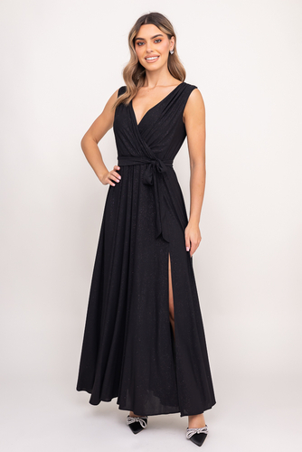 Maxi vestido brocado negro con abertura y lazos