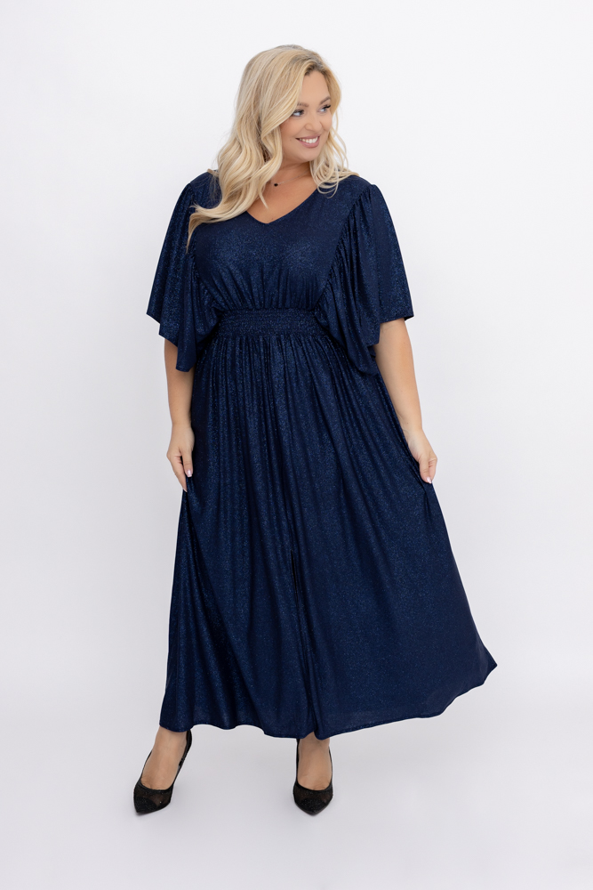 Navy blue brocade dress with crease