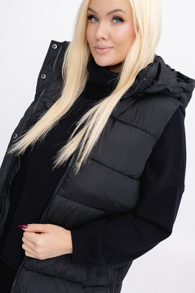 Czarna Kamizelka puchowa z kapturem