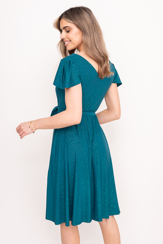 Vestido de brocado verde botella con cinturón