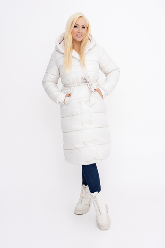  Śmietanowy pikowany Płaszcz puchowy z kapturem