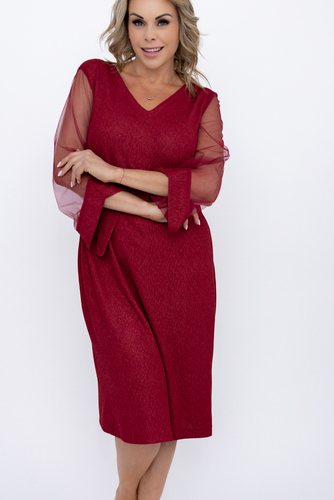 Maroon Glitter Dress with see-through sleeves 