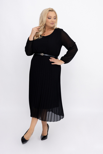 Black Pleated Chiffon Dress with Belt
