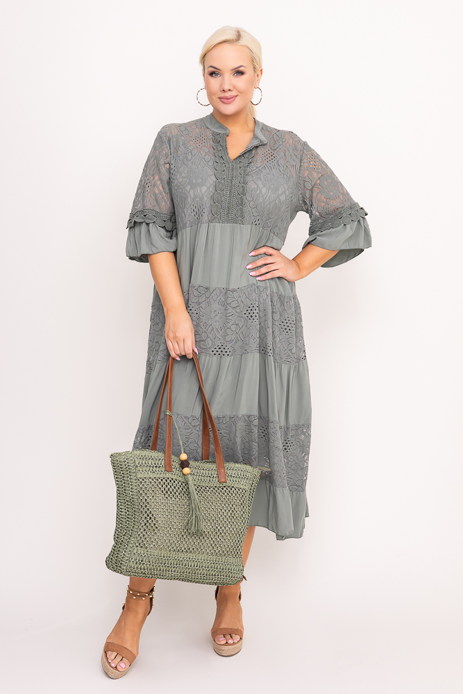 Oliwkowa Sukienka z haftem VERDINA