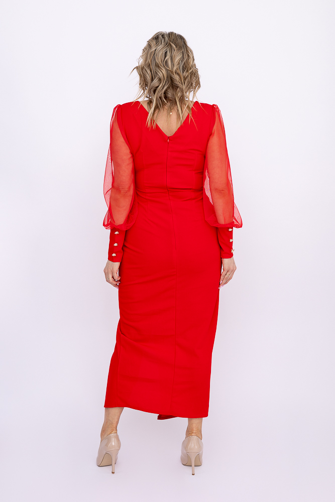 Czerwona Sukienka z prześwitującymi rękawami MERVIEN