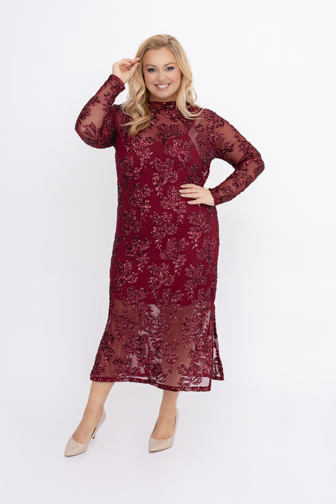Bordowa Sukienka siateczkowa z cekinami