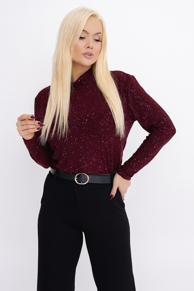 Burgundowa Bluzka błyszcząca z półgolfem