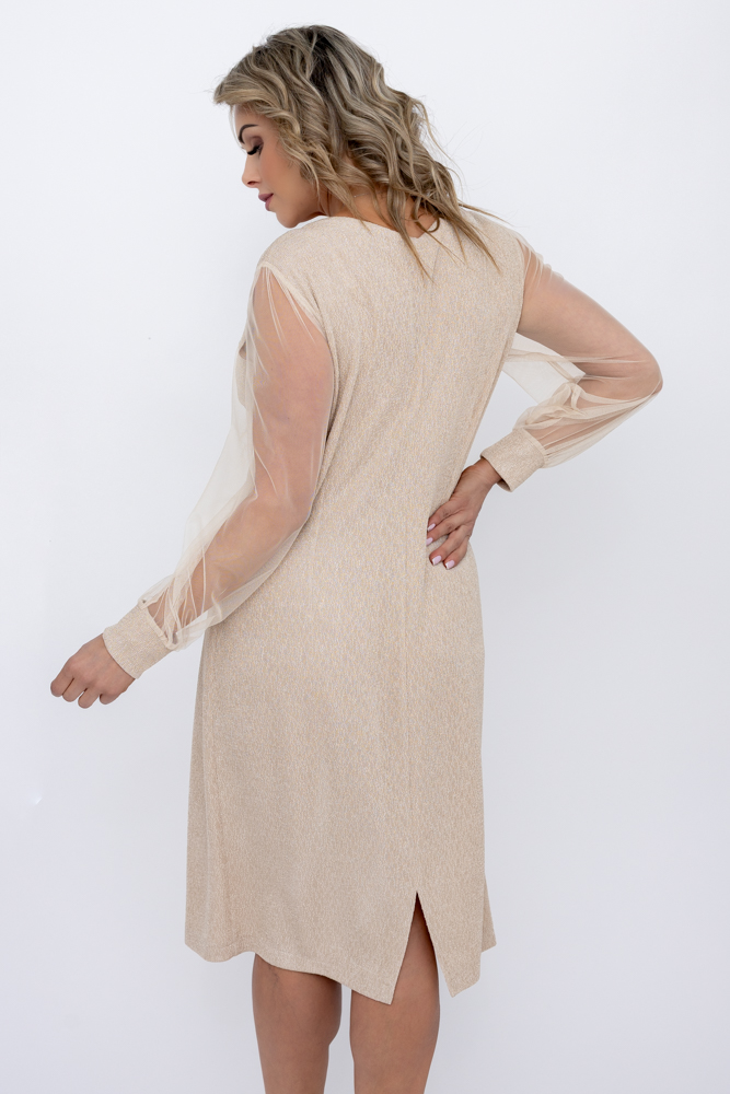 Light beige Glitter dress with see-through sleeves 