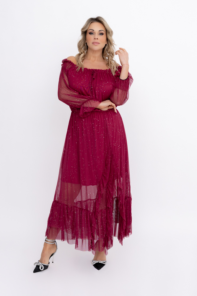 Bordowa błyszcząca Sukienka siateczkowa Wzór 1