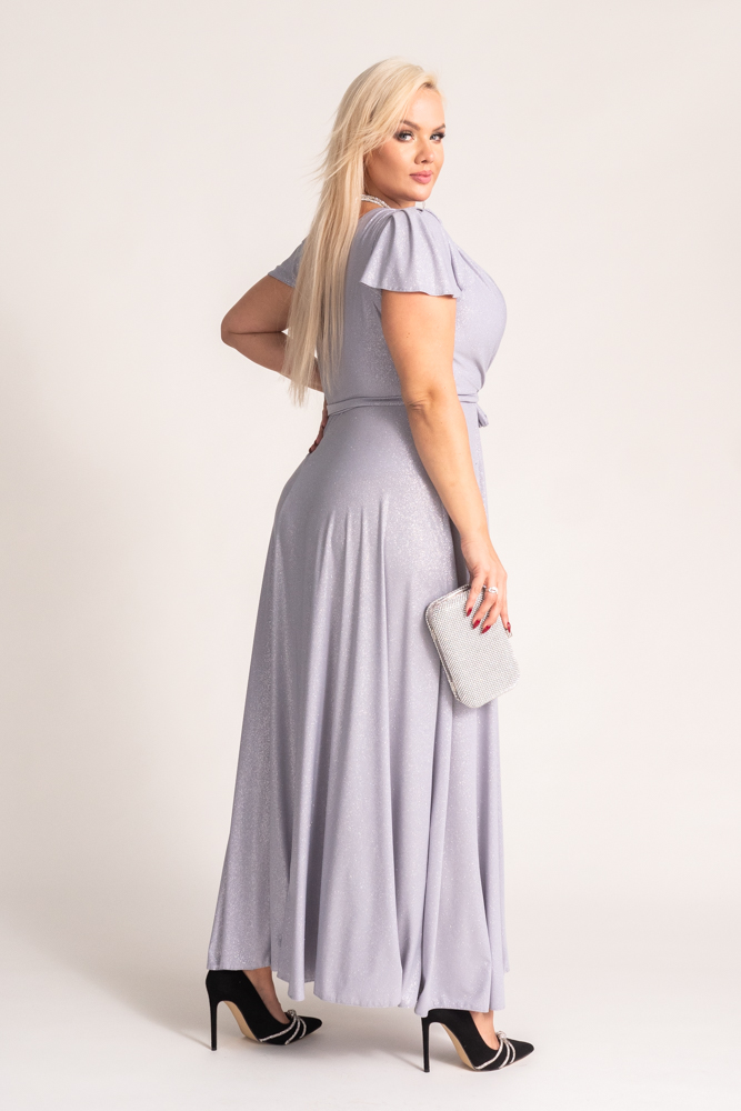 Silbernes Maxikleid aus Brokat mit Schlitz