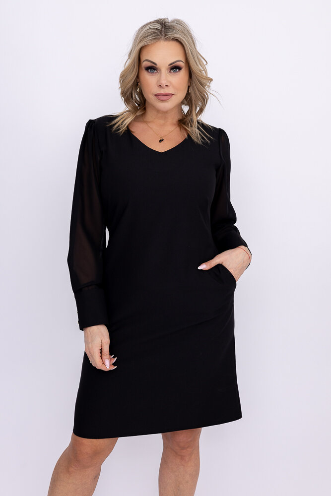 Schwarzes Kleid mit durchsichtigen Ärmeln