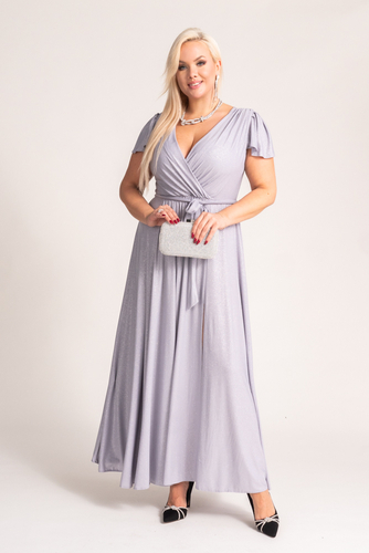 Maxi vestido brocado plateado con abertura