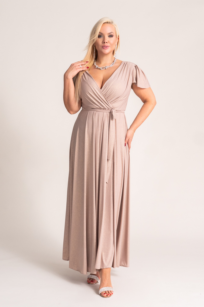 Beige Brocade Maxi Dress with Slit