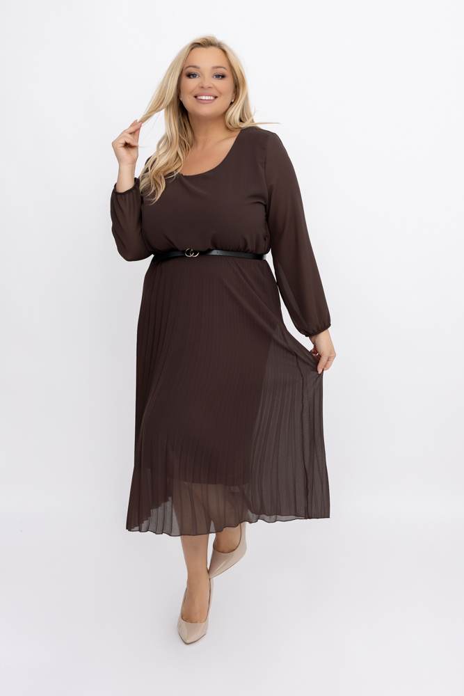 Chocolate pleated chiffon dress with belt