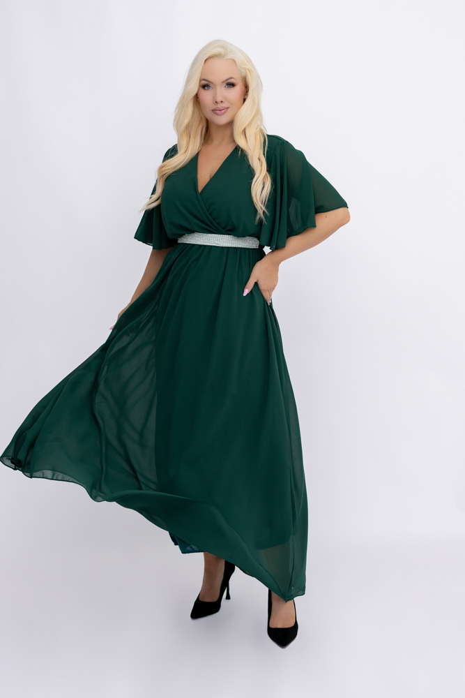 Butelkowozielona Sukienka szyfonowa z paskiem
