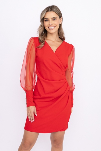 Czerwona Sukienka z przezroczystymi rękawami