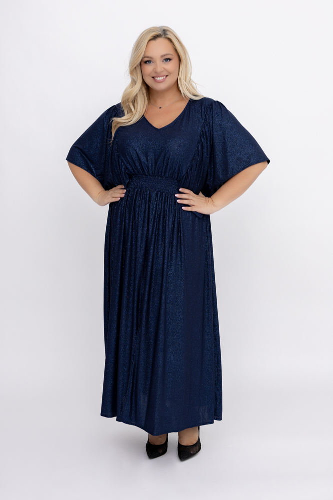 Navy blue brocade dress with crease