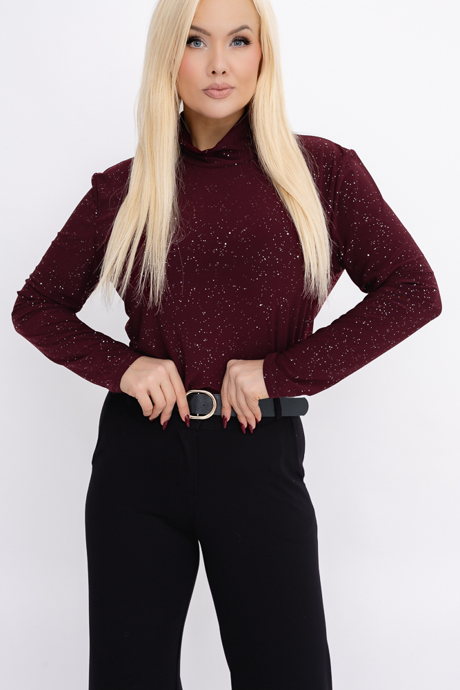 Burgundowa Bluzka błyszcząca z półgolfem