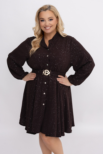 Czekoladowa błyszcząca Sukienka z paskiem