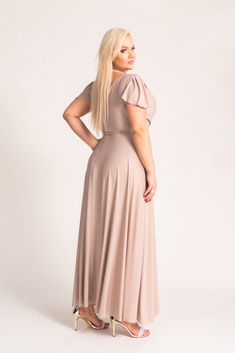 Beige Brocade Maxi Dress with Slit