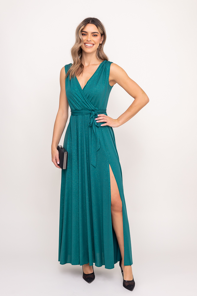 Maxi vestido brocado esmeralda con abertura y lazos