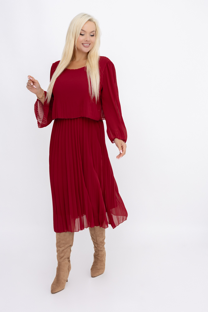 Rochie din sifon plisat de culoare maron