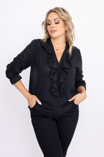 Czarna Bluzka błyszcząca z żabotem MARIVA