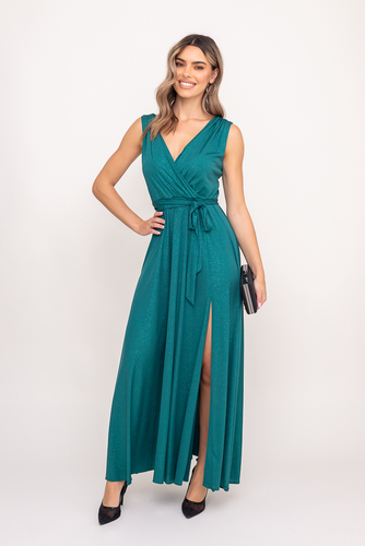 Maxi vestido brocado esmeralda con abertura y lazos