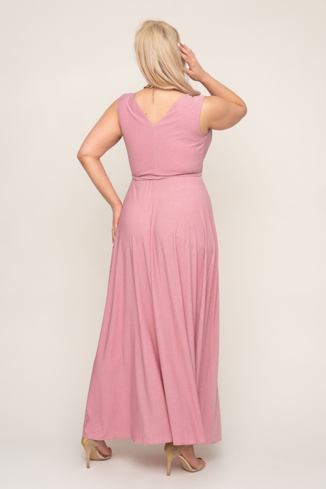 Powder pink brocade maxi dress with slit and binding