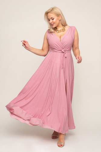 Powder pink brocade maxi dress with slit and binding