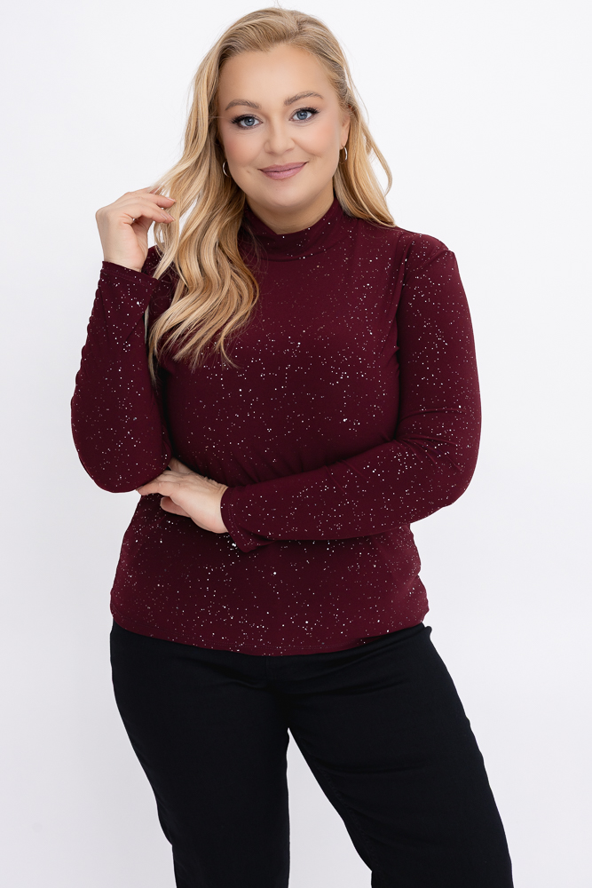 Burgundowa Bluzka błyszcząca z półgolfem