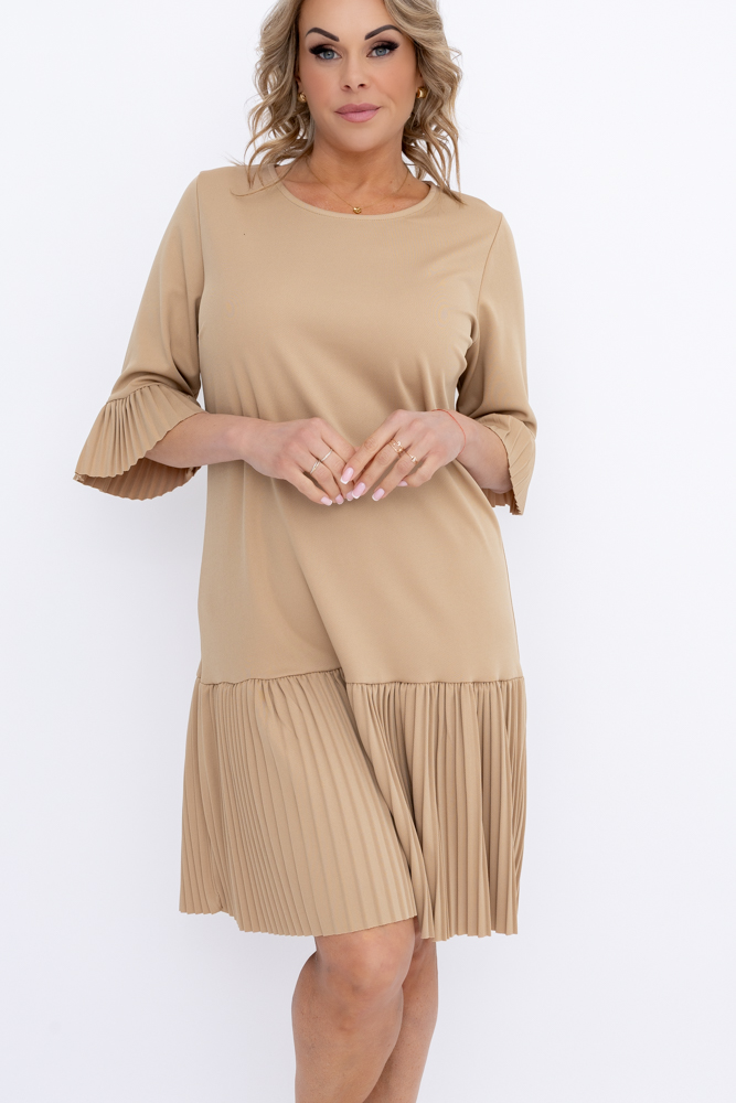 Beige Pleated Frill Dress