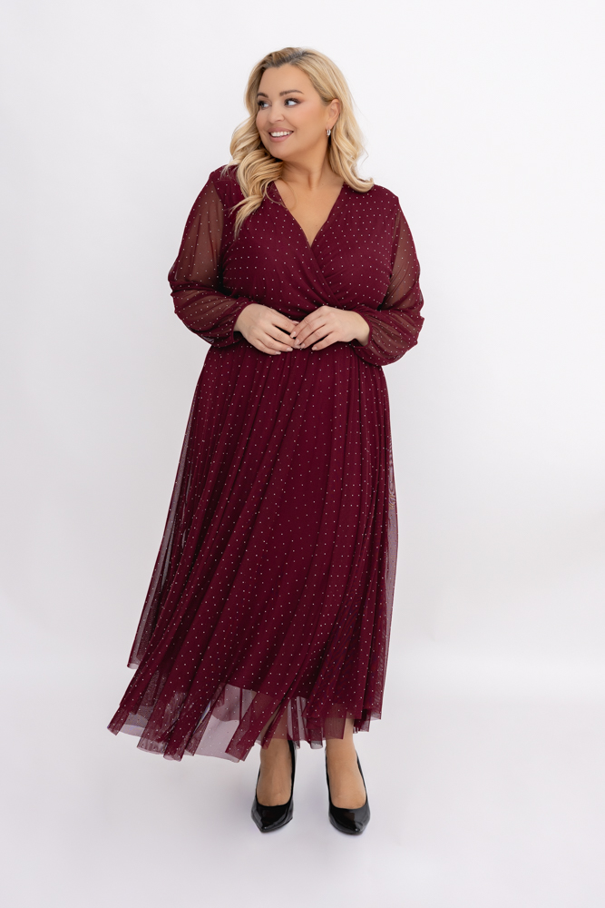 Bordowa Sukienka siateczkowa z dżetami