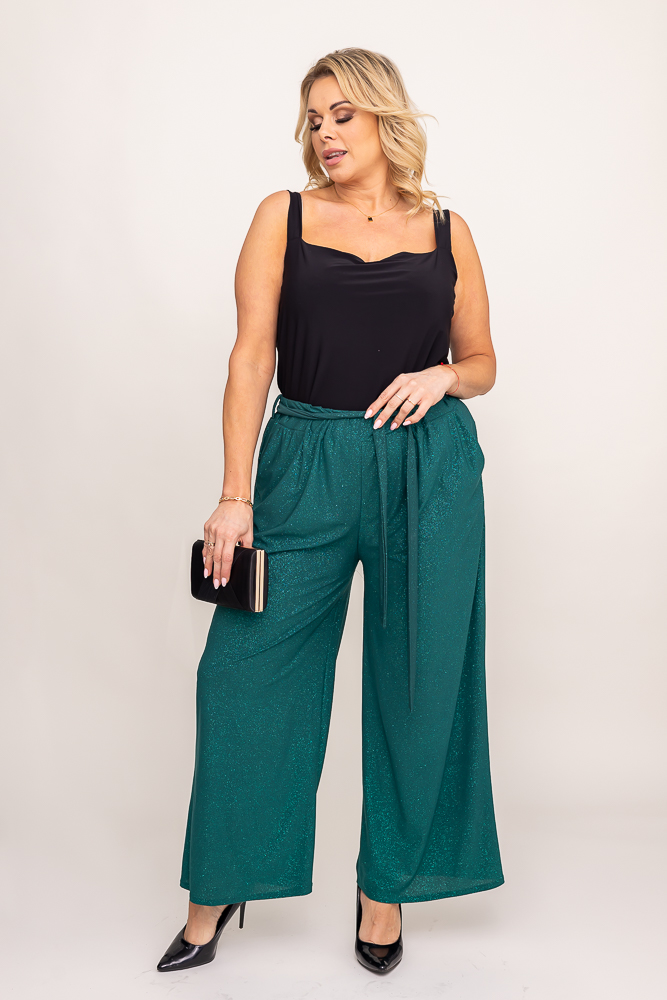 Pantaloni culotte din brocart verde sticlă