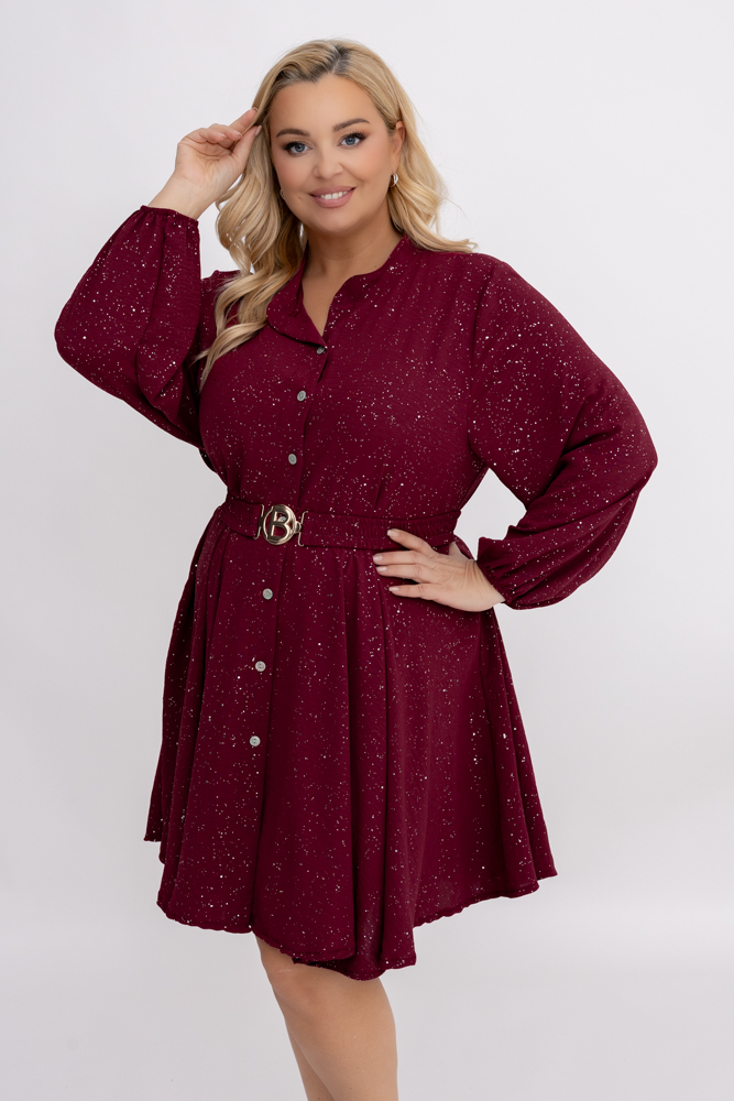 Bordowa błyszcząca Sukienka z paskiem