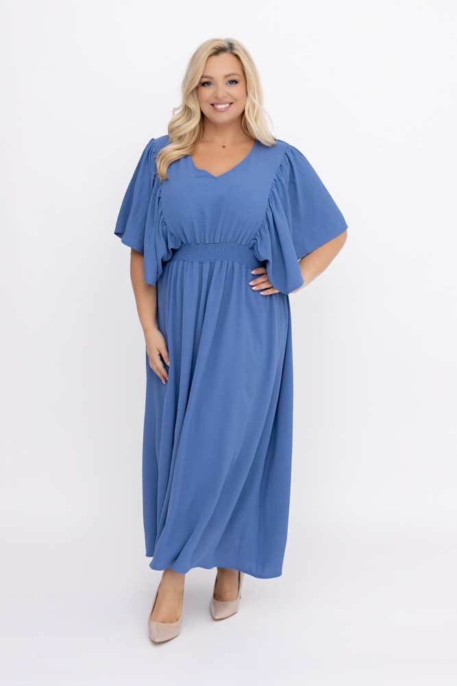 Rochie albastru denim cu detalii încrețite