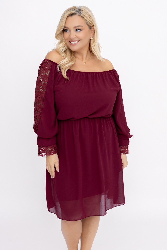 Maroon Chiffon Dress with Lace Sleeves