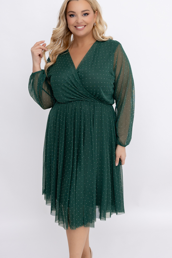 Butelkowozielona Sukienka siateczkowa z dżetami