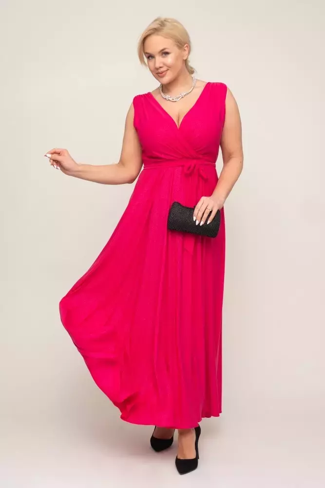 Maxi vestido brocado fucsia con abertura y lazos