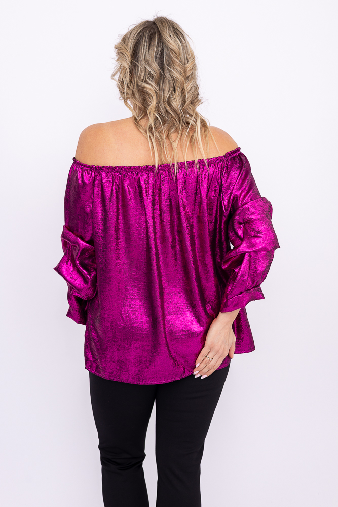 Fuksjowa błyszcząca Bluzka z marszczonymi rękawami PERINO