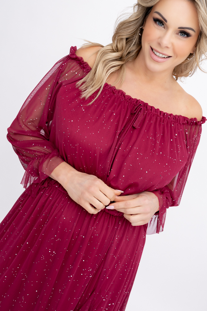 Bordowa błyszcząca Sukienka siateczkowa Wzór 1