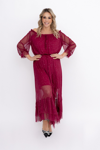 Bordowa błyszcząca Sukienka siateczkowa Wzór 1