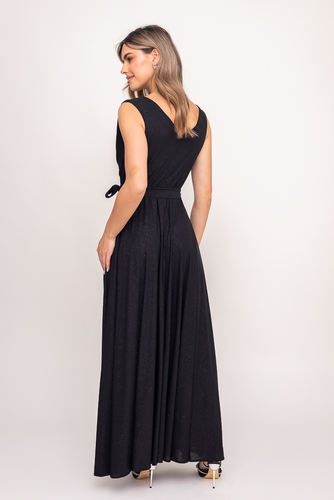 Maxi vestido brocado negro con abertura y lazos