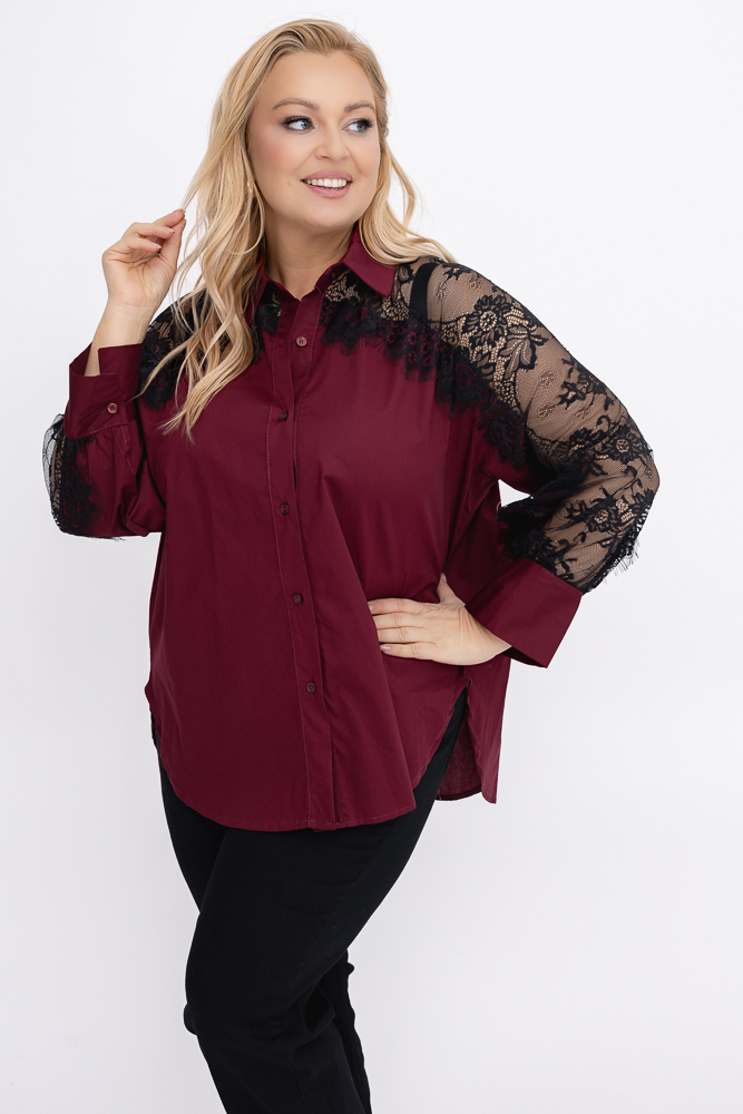 Burgundowa Koszula z koronką