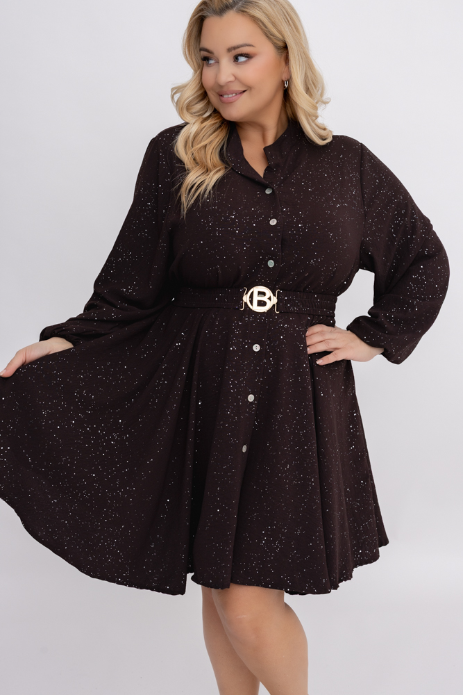 Czekoladowa błyszcząca Sukienka z paskiem