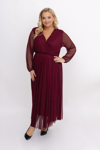 Bordowa Sukienka siateczkowa z dżetami